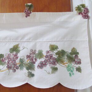 Curtain Valance Ivory w Grapes, Scalloped, Embroidered Tabs 60"x11" Unused Cute!
